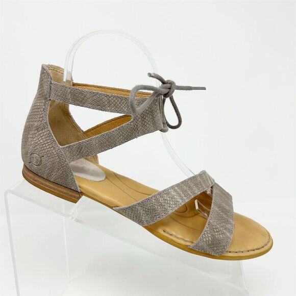 Born Women's Gray Leather Snake Print Lace Up Sandals Size 8M Casual Summer - Picture 1 of 14